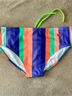 Men's Striped Swim Briefs in Navy, Coral & Teal - XL, see size notes
